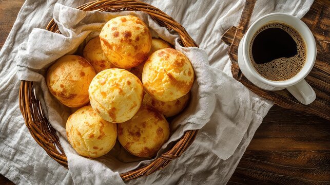 Cesta de pães de queijo dourados ao lado de uma xícara de café