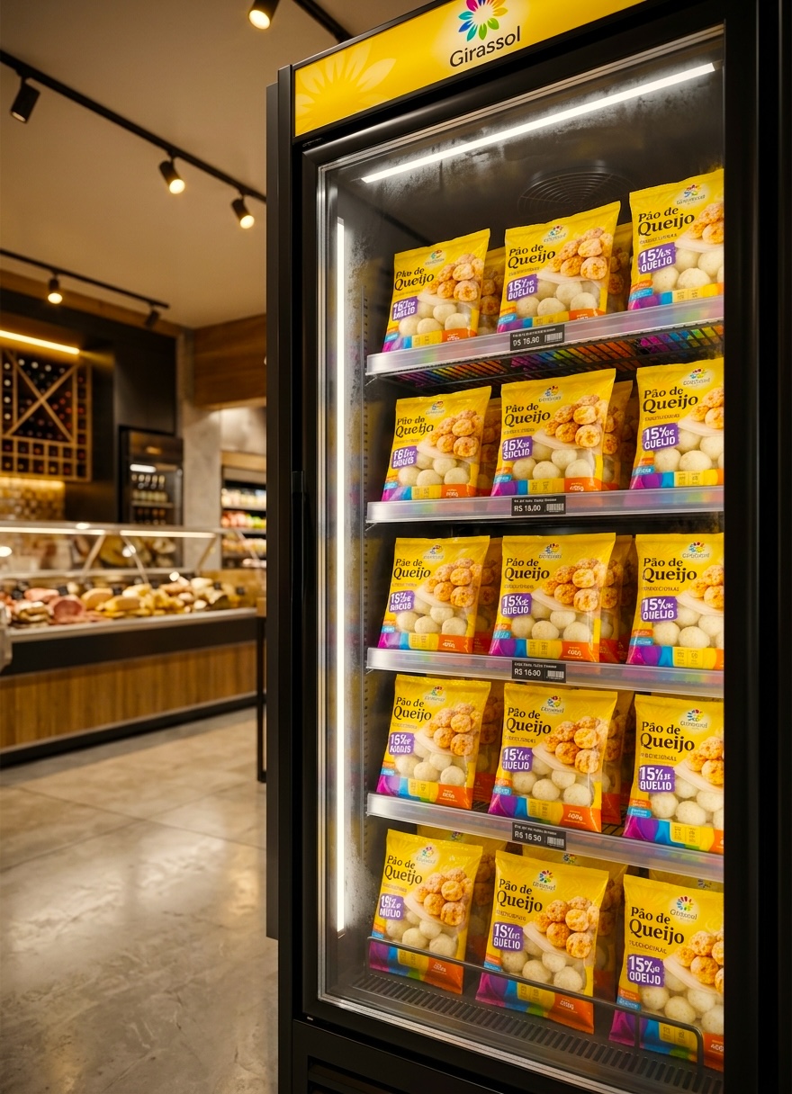 Geladeira de supermercado com embalagens de Pão de Queijo Girassol